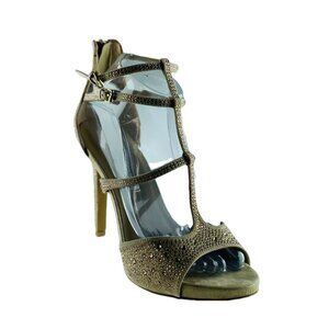 AUDREY BROOKE Womens Shoes Taupe Size 8.5M Fabric Rhinestone Heels Sandals